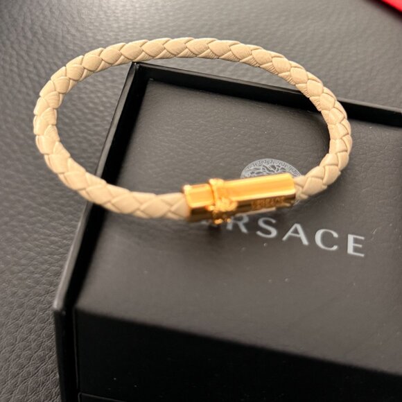 Versace Leather and Brass Medusa Head Cuff Bracelet, size Medium or Large - Picture 3 of 14